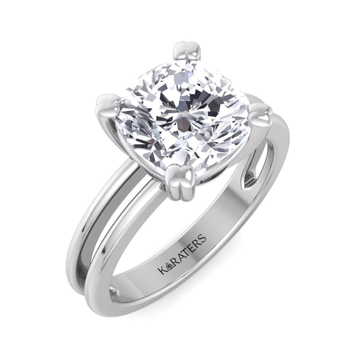 Cushion Cut Solitaire Lab Grown Diamond Engagement Ring with Double Band