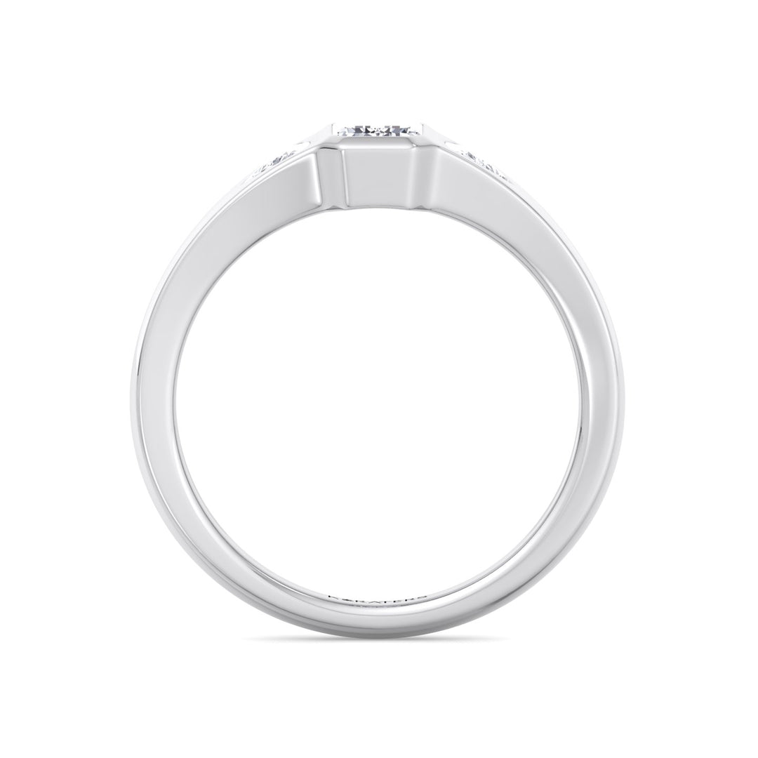 Bezel Set Emerald Lab Grown Diamond with Trillion Sidestones Engagement Ring White Gold 