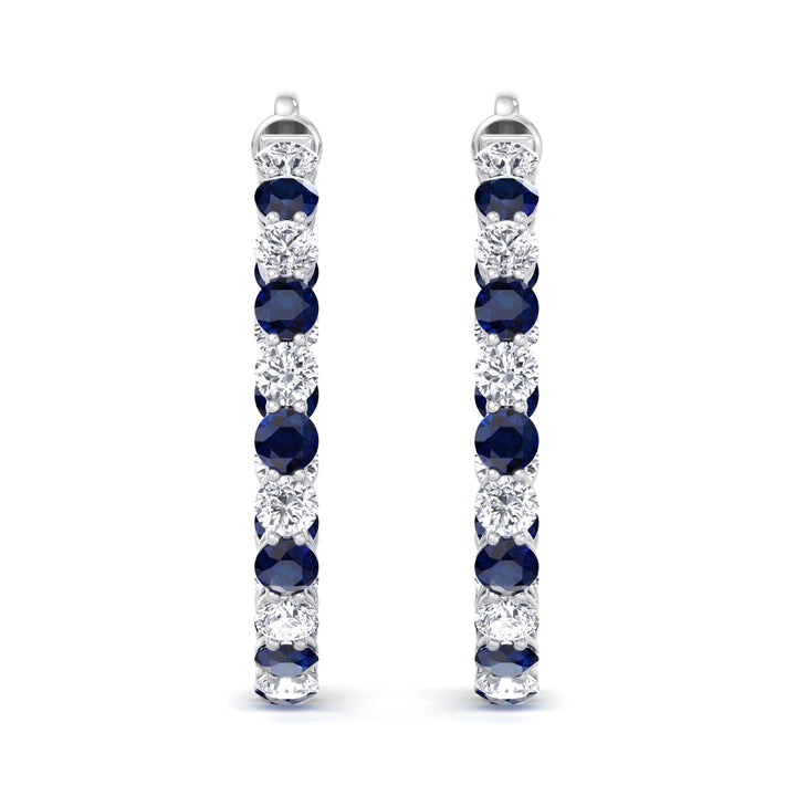 Alternating Lab Grown Blue Sapphire and Diamond Inside Out Hoop Earrings White Gold 