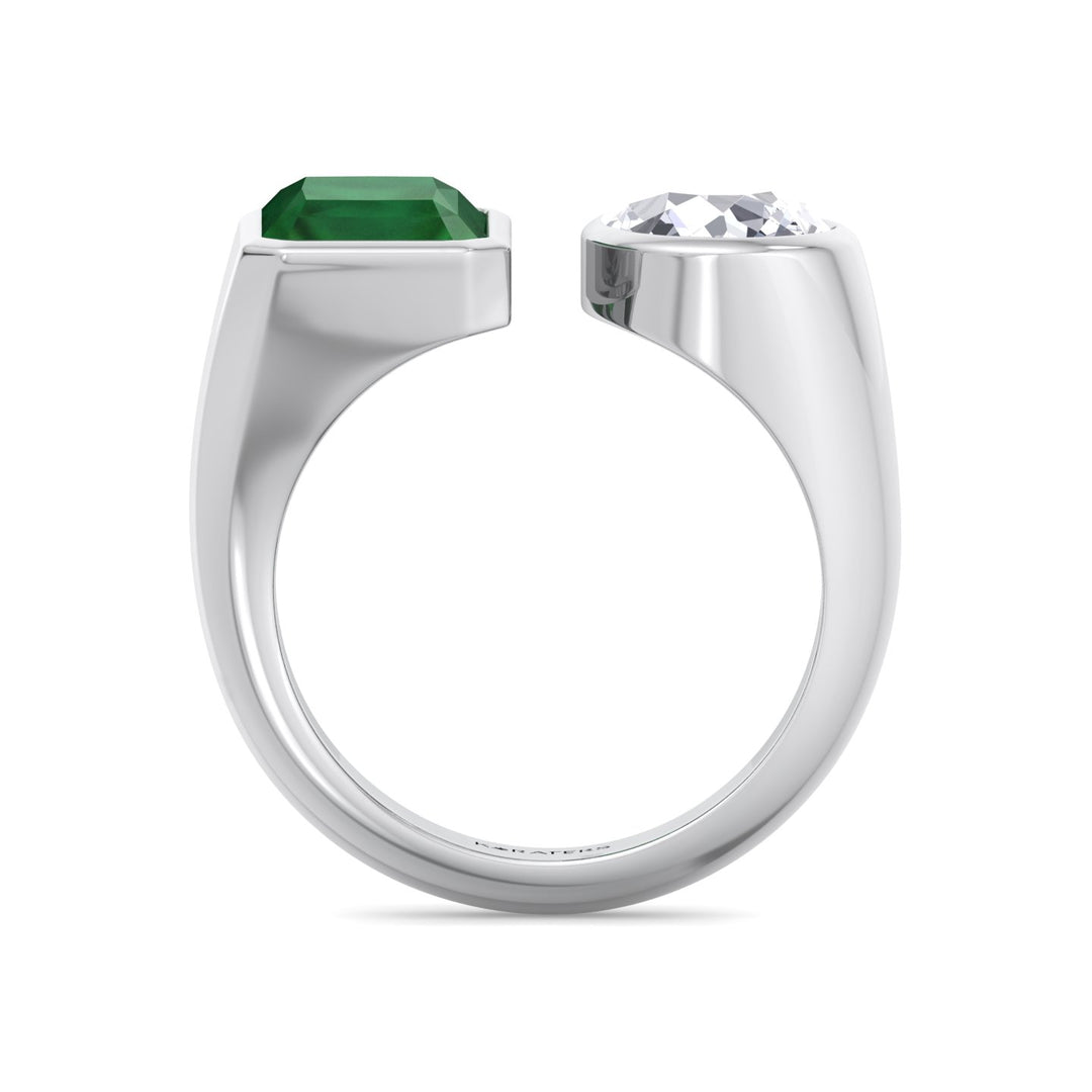 WG Radiant Green Emerald and Pear Shape Bezel Set Lab Grown Diamond standing