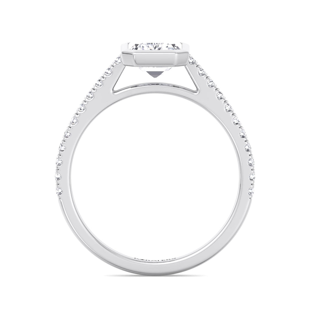 Emerald Cut Bezel Set Lab Grown Diamond Engagement Ring with Cathedral Style Pave Band