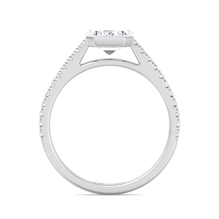 Emerald Cut Bezel Set Lab Grown Diamond Engagement Ring with Cathedral Style Pave Band