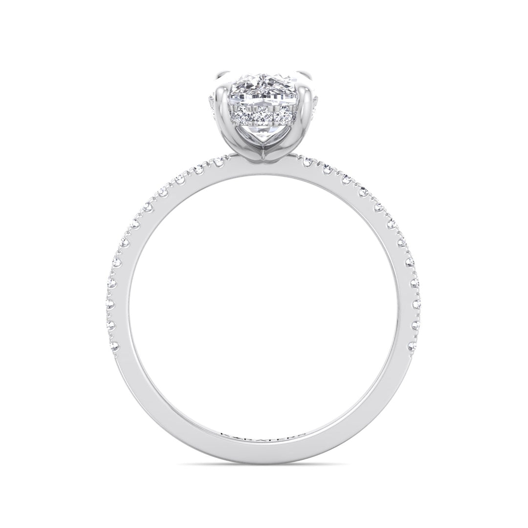 Elongated Cushion Cut Lab Grown Diamond Engagement Ring with Sidestones and Hidden Halo