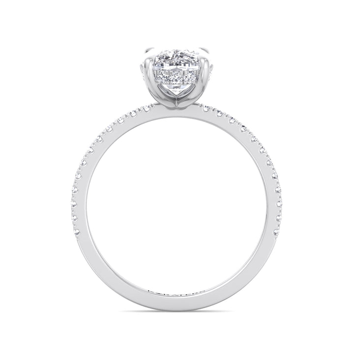 Elongated Cushion Cut Lab Grown Diamond Engagement Ring with Sidestones and Hidden Halo