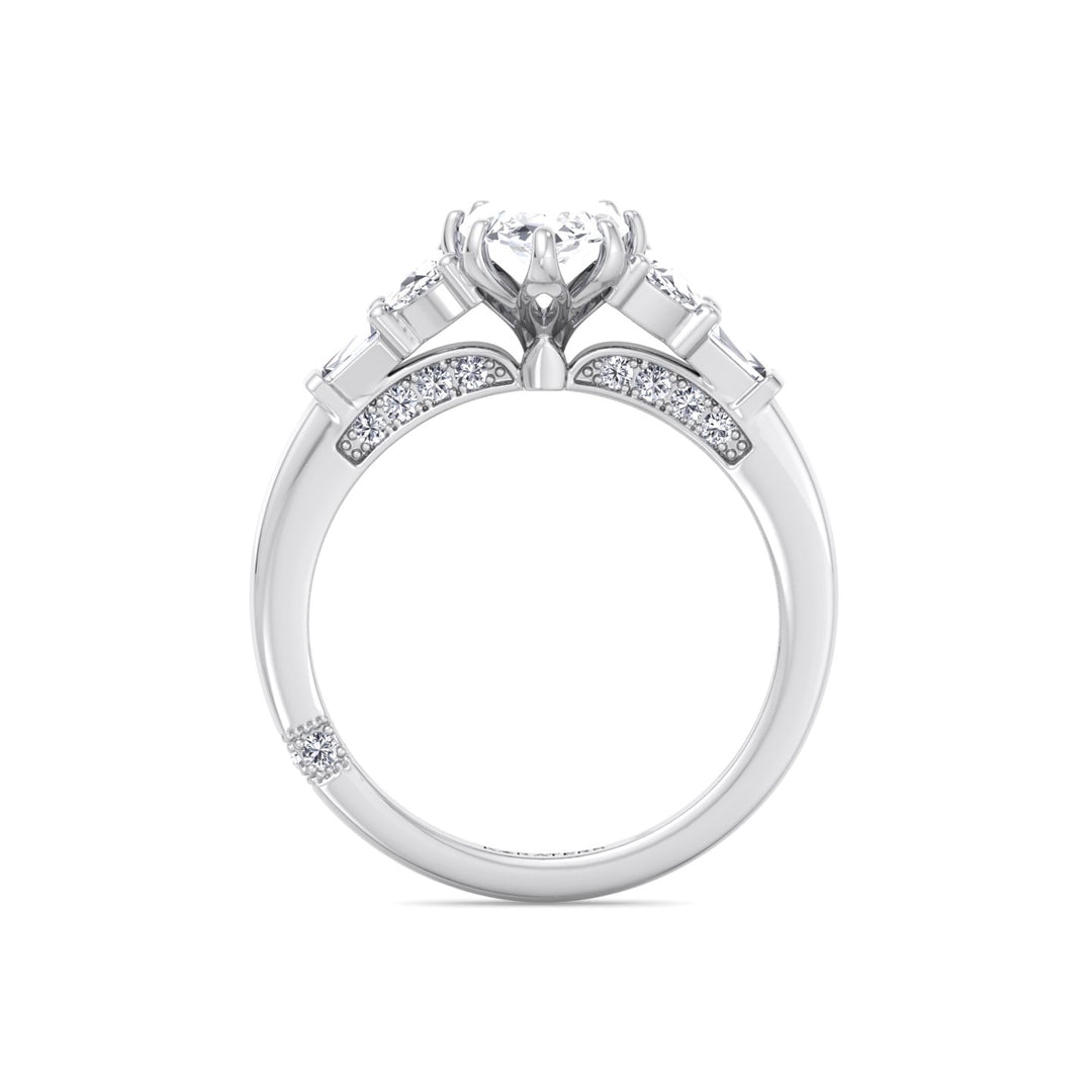Marquise Shape Lab Grown Diamond Engagement Ring with Half Moon and Tapered Baguette Sidestones White  14K 18K