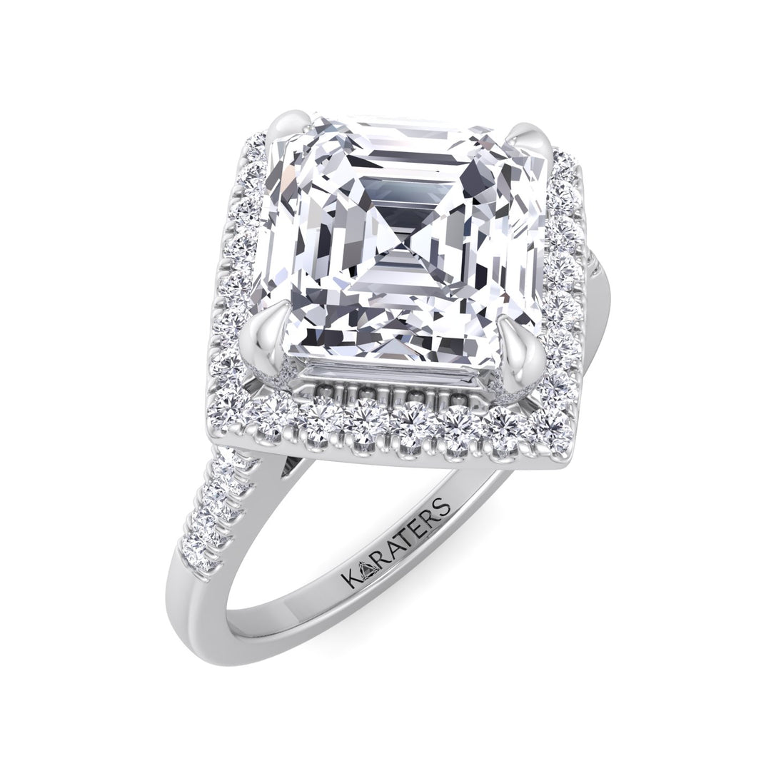 Asscher Cut Lab Grown Diamond Engagement Ring With A Halo