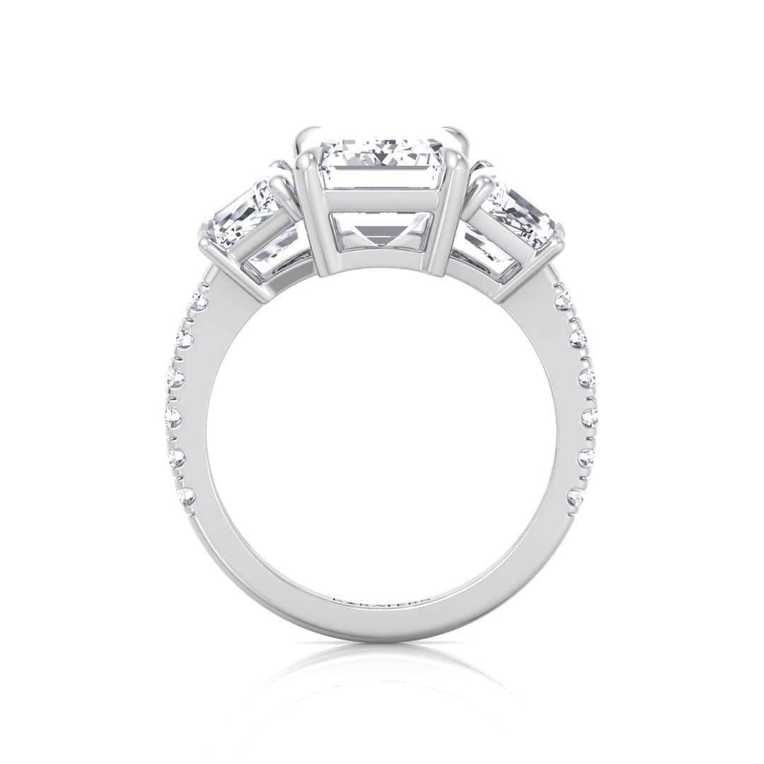 Emerald & Trapezoid Three Stone Lab-Grown Diamond Engagement Ring with Sidestones White Gold 
