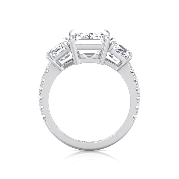 Emerald & Trapezoid Three Stone Lab-Grown Diamond Engagement Ring with Sidestones White Gold 