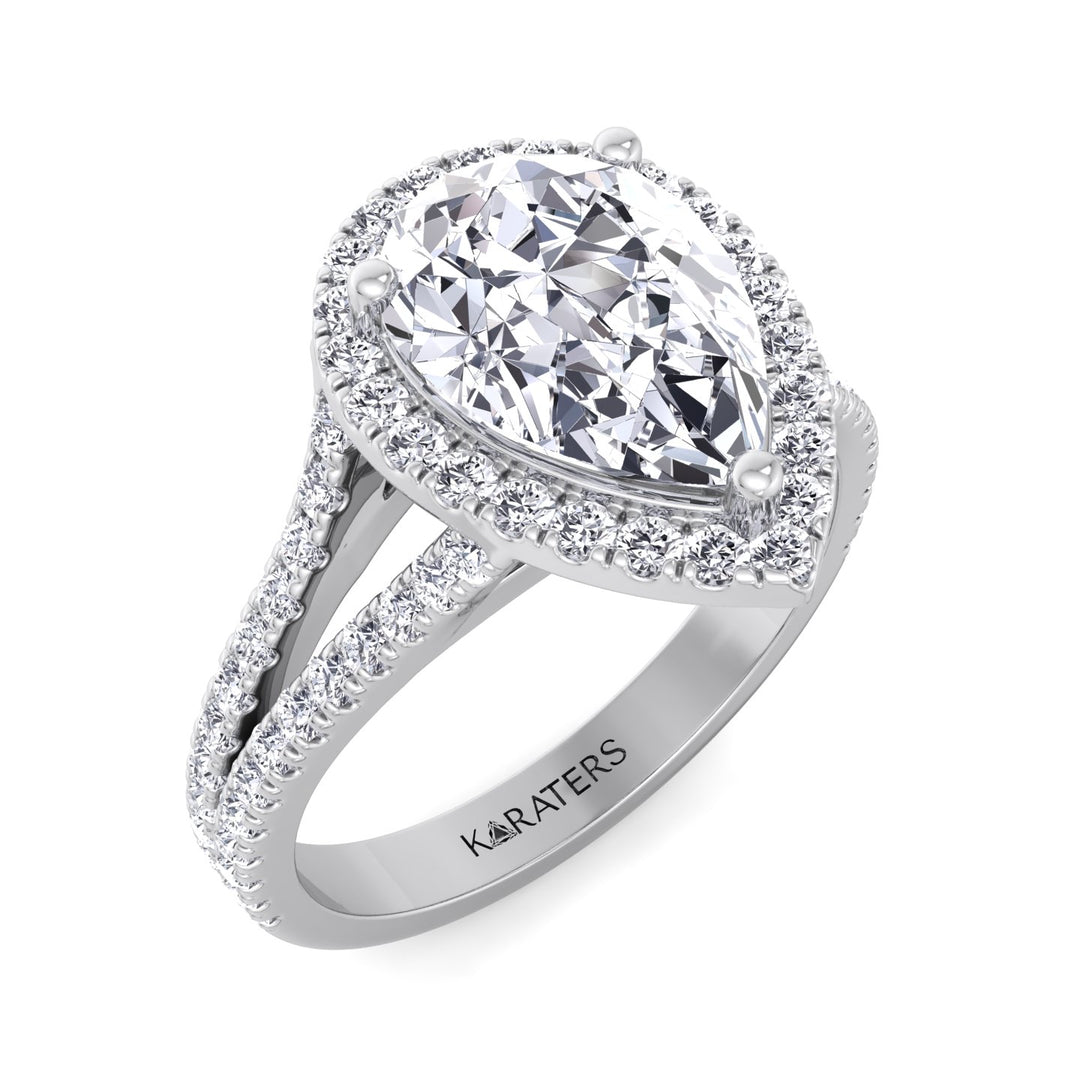Pear Shaped Lab Grown Diamond Halo Engagement Ring with Pave Double Band