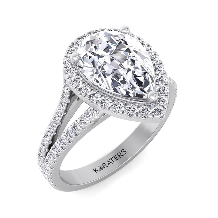 Pear Shaped Lab Grown Diamond Halo Engagement Ring with Pave Double Band