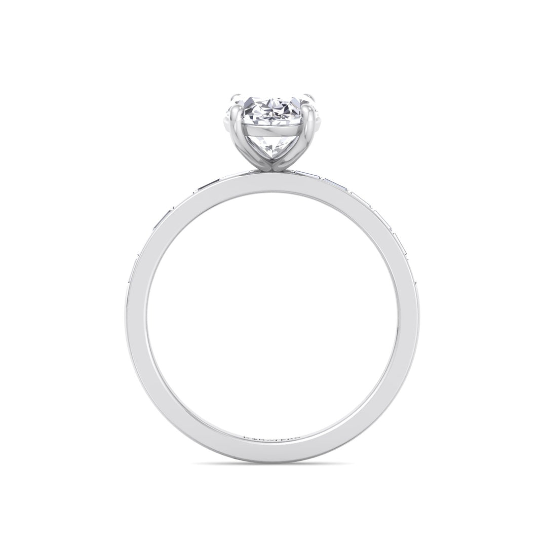Oval Cut Lab Grown Diamond Engagement Ring with Baguette Channel Band-1CT-2CT-3CT-4CT-5CT-6CT-7CT-8CT-9CT-10CT-White Gold