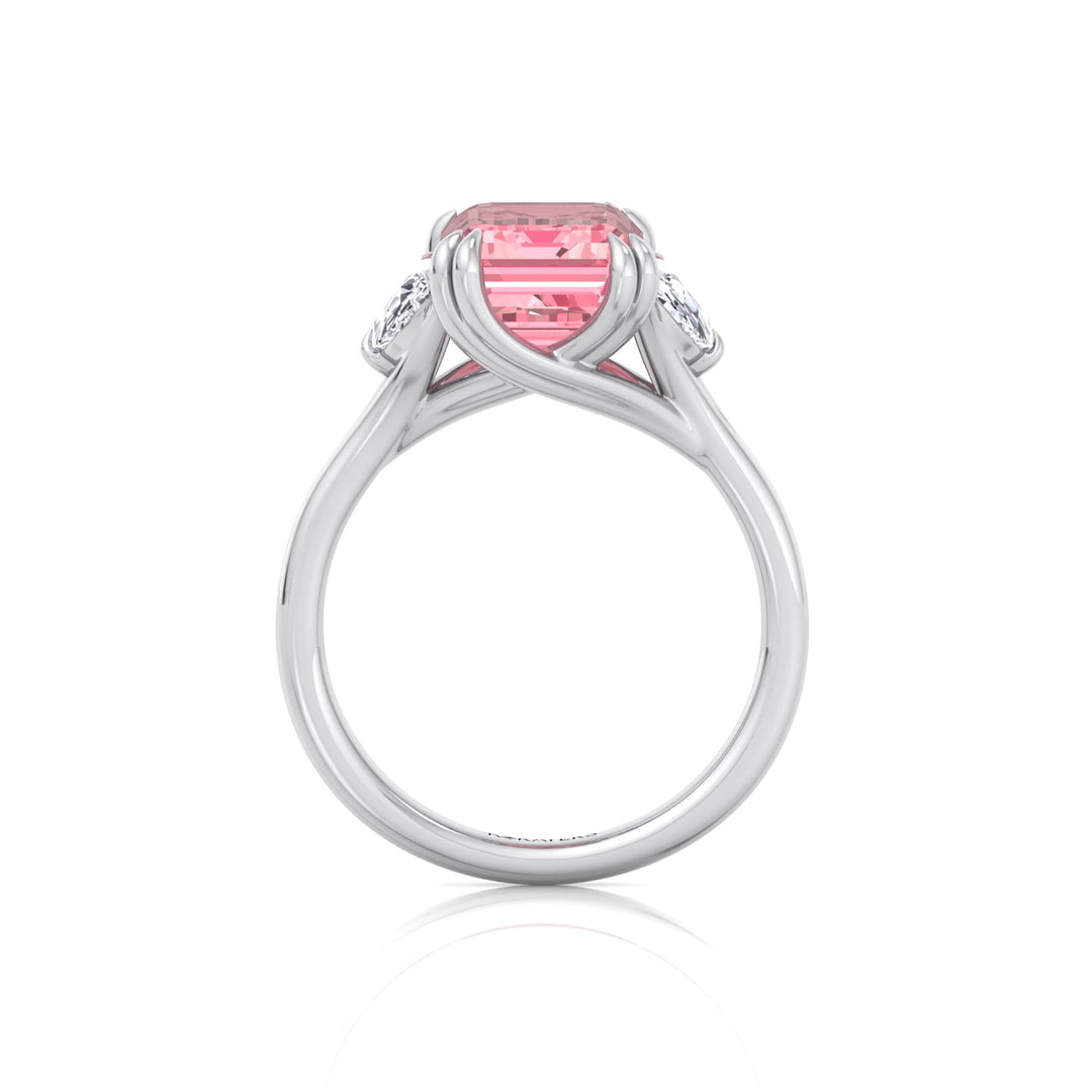 Fancy Pink Emerald Shape Lab Grown Diamond Engagement Ring with Half Moon Sidestones White Gold