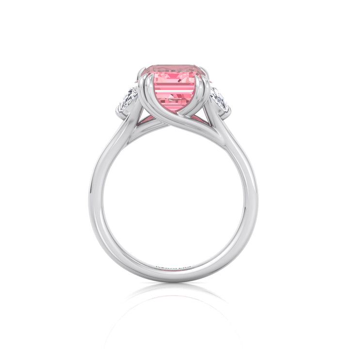 Fancy Pink Emerald Shape Lab Grown Diamond Engagement Ring with Half Moon Sidestones White Gold