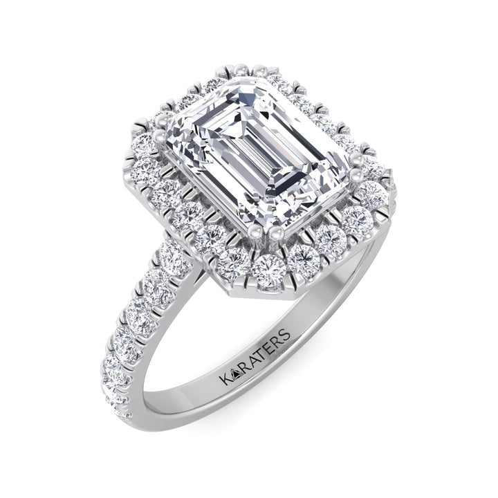 Emerald Cut Halo Lab Grown Diamond Engagement Ring With SideStones