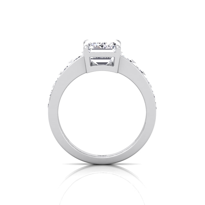 Emerald Shape Lab Grown Diamond Engagement Ring with Graduated Tapered Emerald Sidetones White Gold