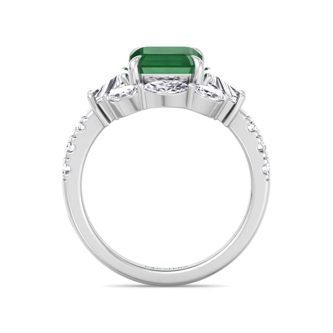 WG Green Emerald Lab Grown Diamond with Multiple Side Stone Engagement Ring standing
