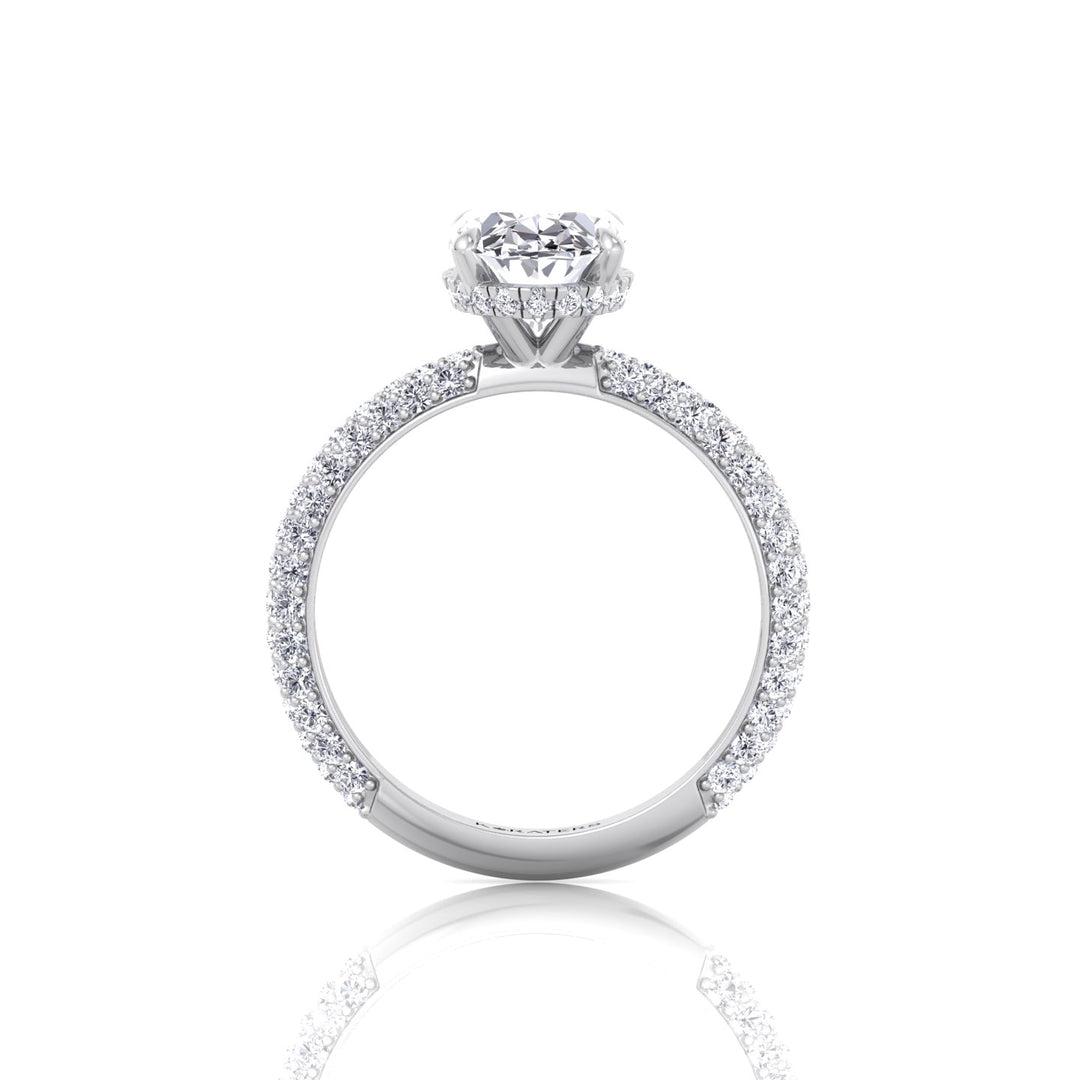 Oval Shape Lab-Grown Diamond Invisible Halo Engagement Ring with Three Row Pave Band 