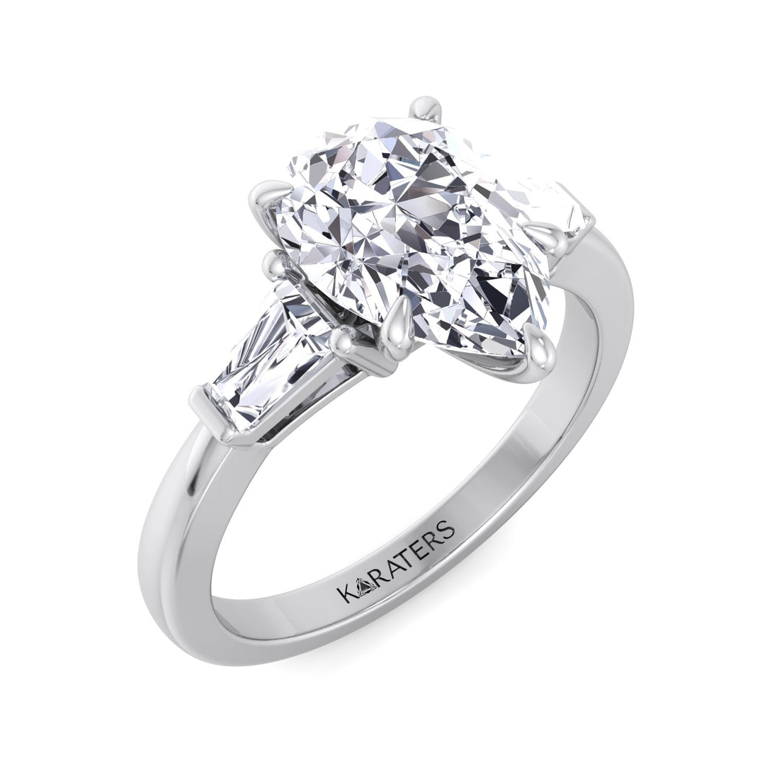Pear Shaped Cut Lab Grown Diamond Solitaire Engagement Ring with Tapered Baguette SideStones