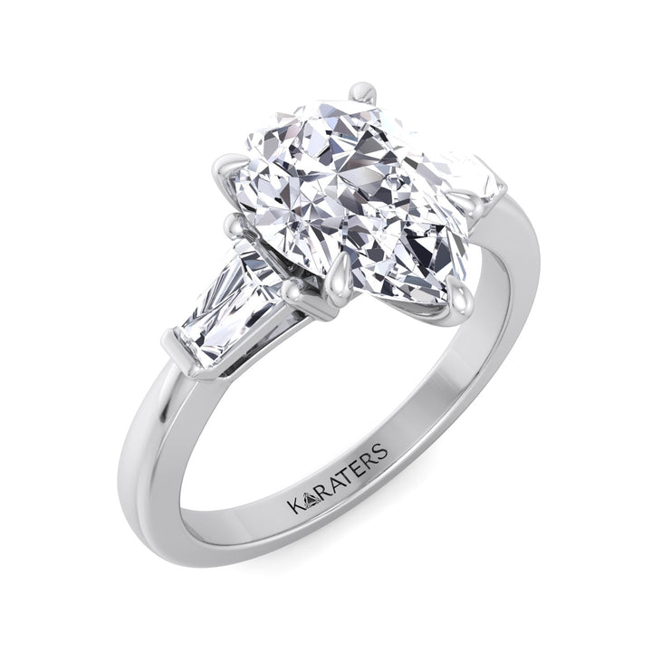 Pear Shaped Cut Lab Grown Diamond Solitaire Engagement Ring with Tapered Baguette SideStones
