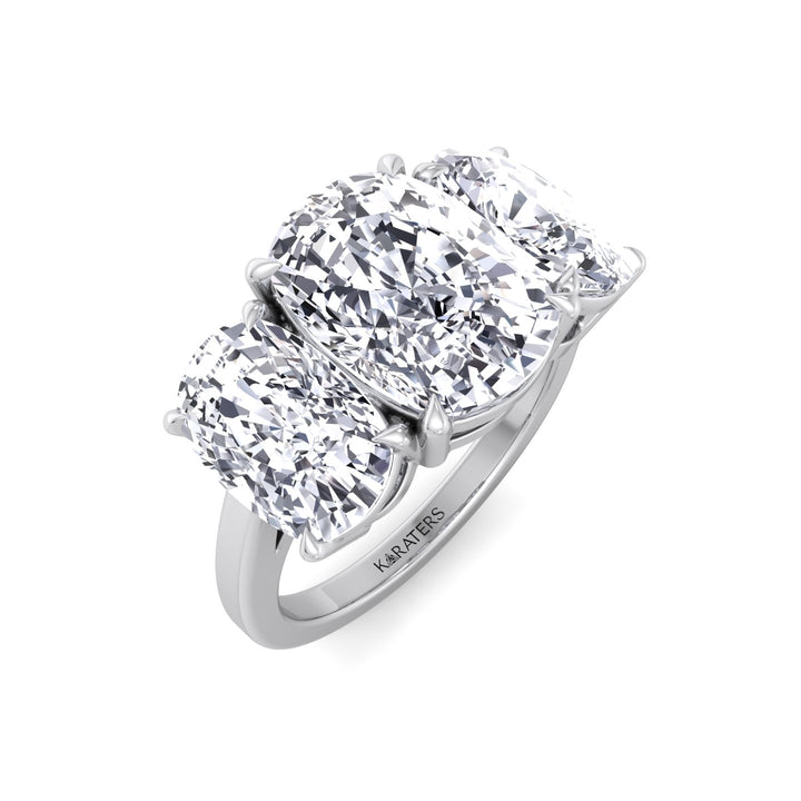 3 Stone Elongated Cushion Cut Lab Grown Diamond Engagement Ring White Gold 18K