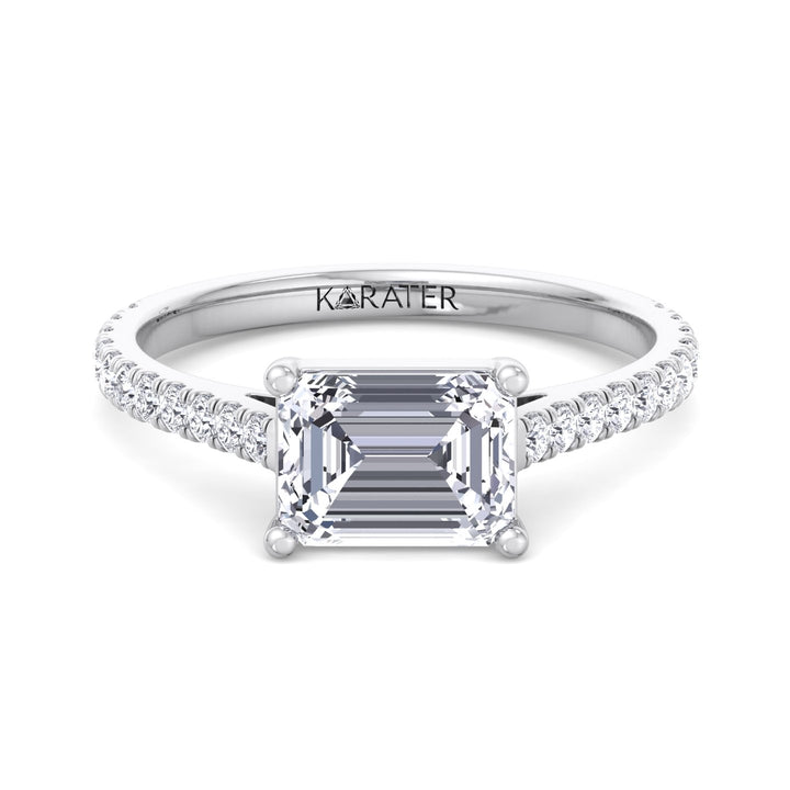 East To West Emerald Cut Lab Grown Diamond Engagement Ring With Side Stones