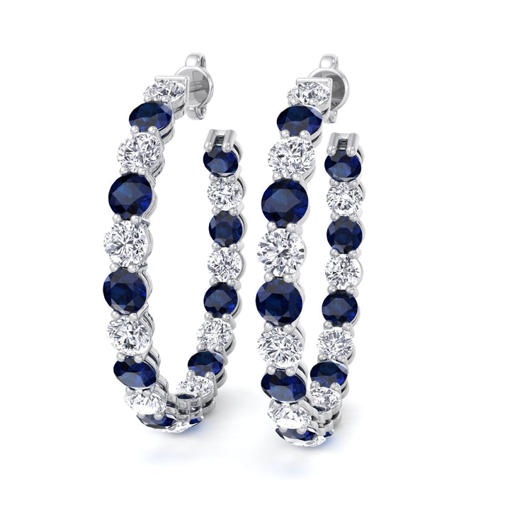 Alternating Lab Grown Blue Sapphire and Diamond Inside Out Hoop Earrings White Gold 14K 18K