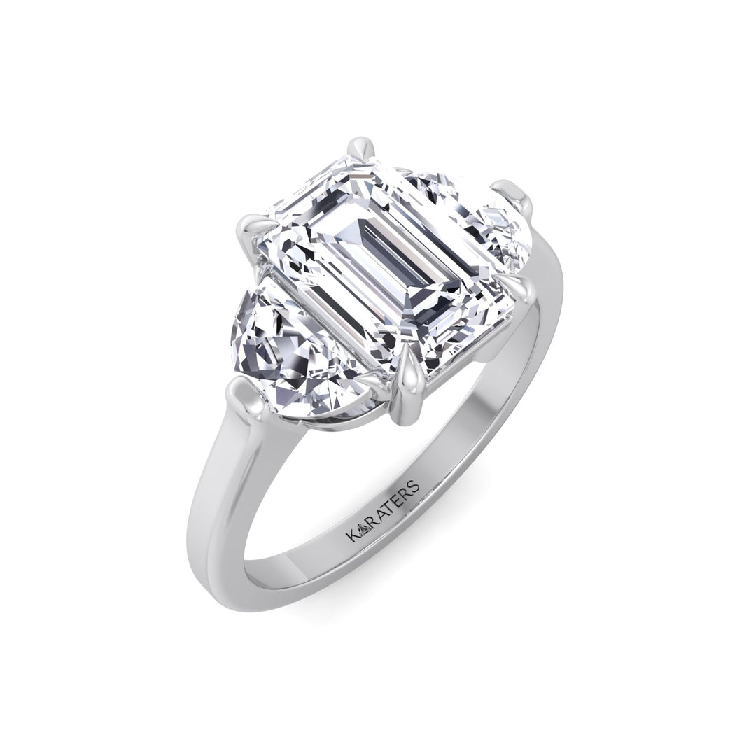 Emerald Shape Lab Grown Diamond Engagement Ring with Half Moon Sidestones White Gold 18K