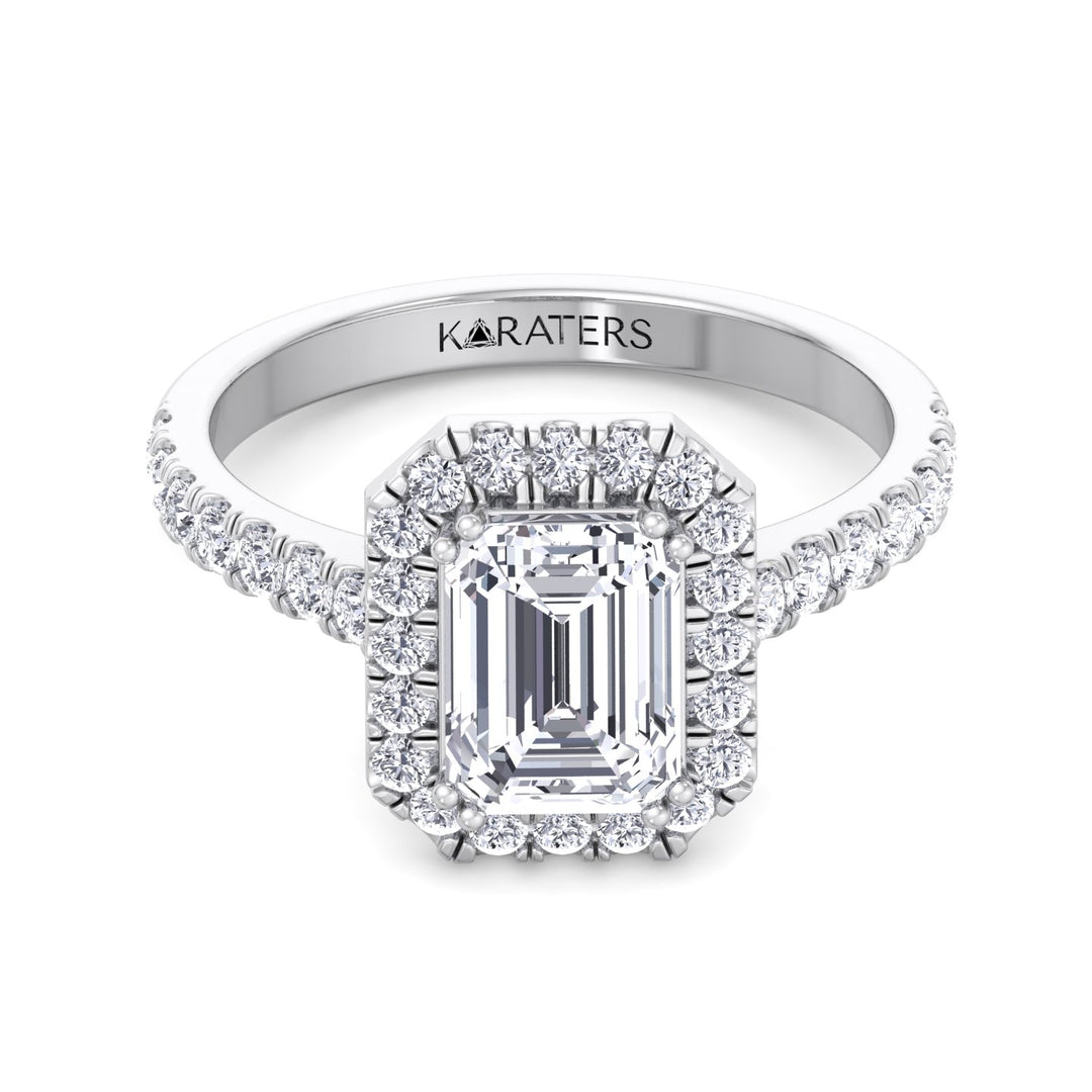 Emerald Cut Halo Lab Grown Diamond Engagement Ring With SideStones