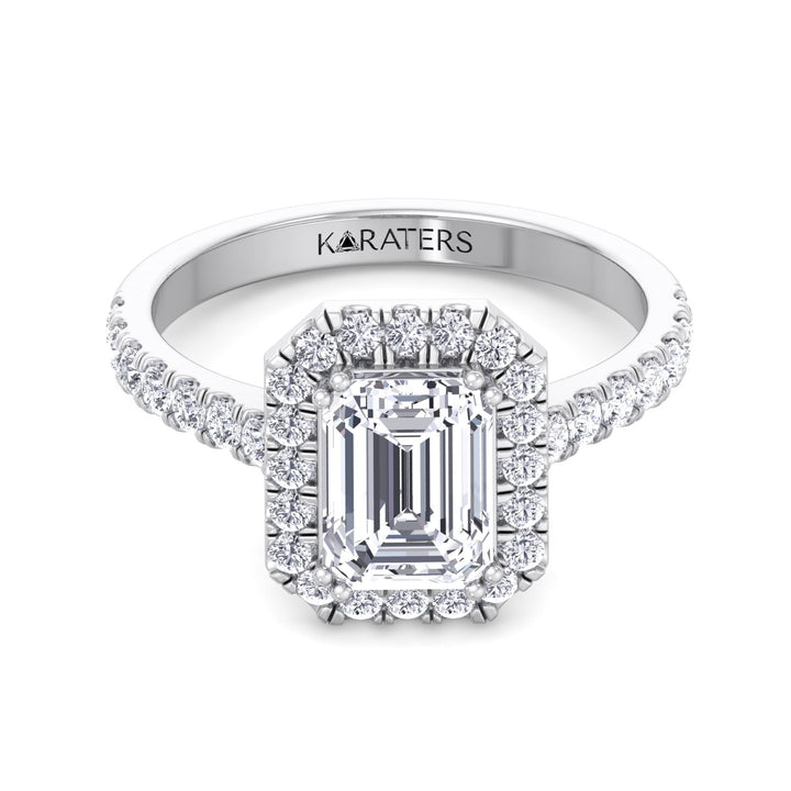 Emerald Cut Halo Lab Grown Diamond Engagement Ring With SideStones