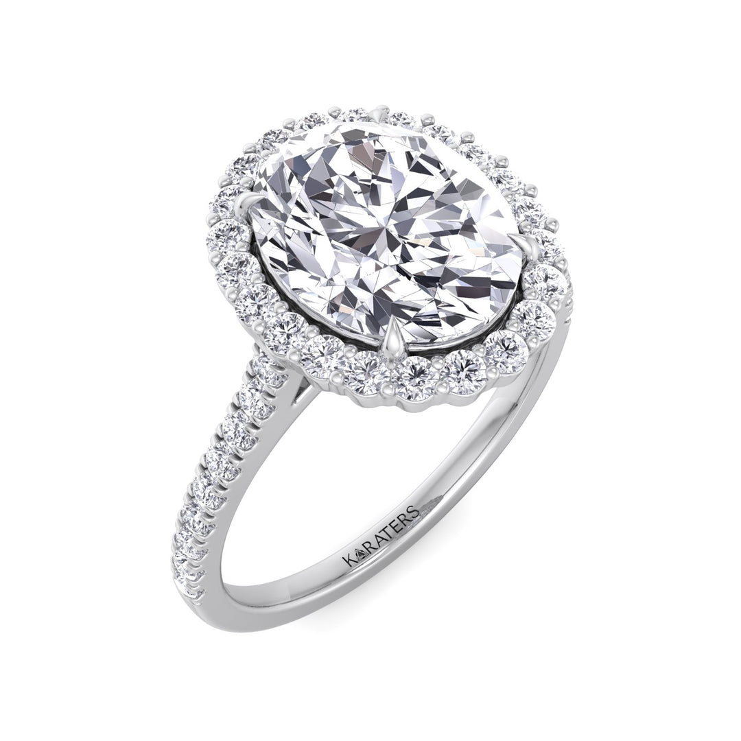Oval Cut Lab Grown Diamond Engagement Ring With Scalloped Halo & Pave Band