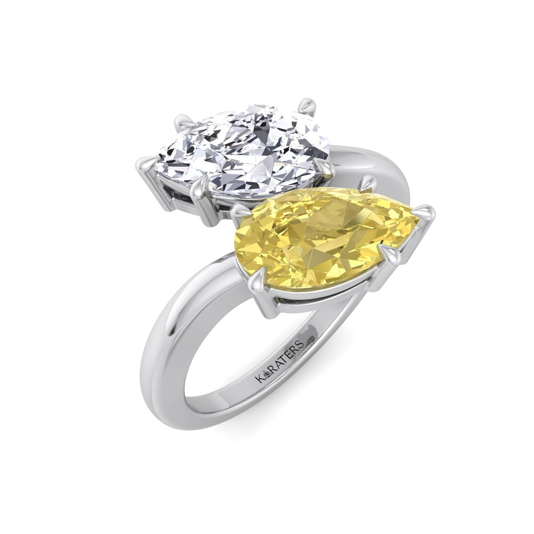 Fancy Yellow Pear Shape Lab Grown Diamond Bypass Two Stone Engagement Ring White Gold 18K