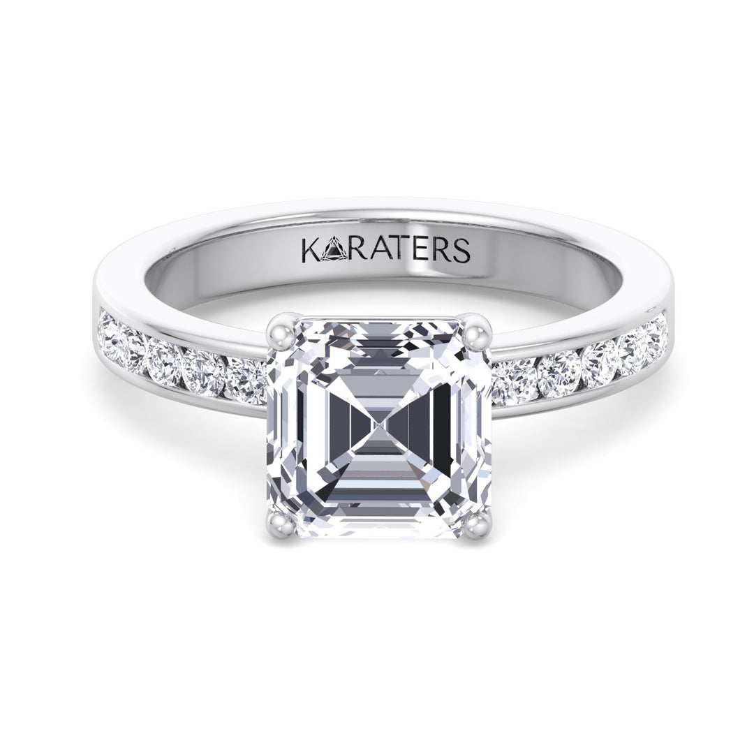 Asscher Cut Lab Grown Diamond Engagement Ring With Channel Set SideStones