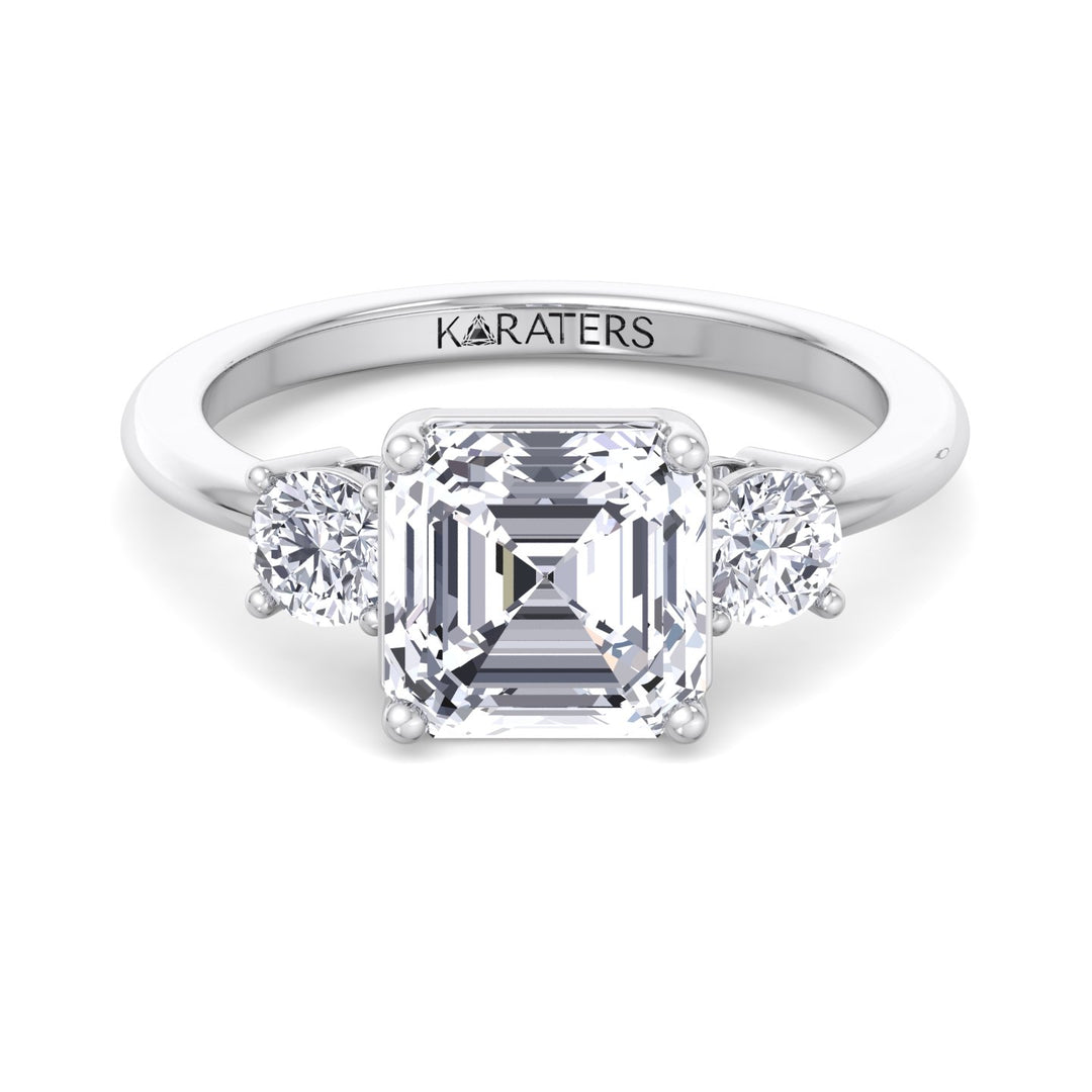 Asscher Cut Solitaire Lab Grown Diamond Engagement Ring with Round SideStones
