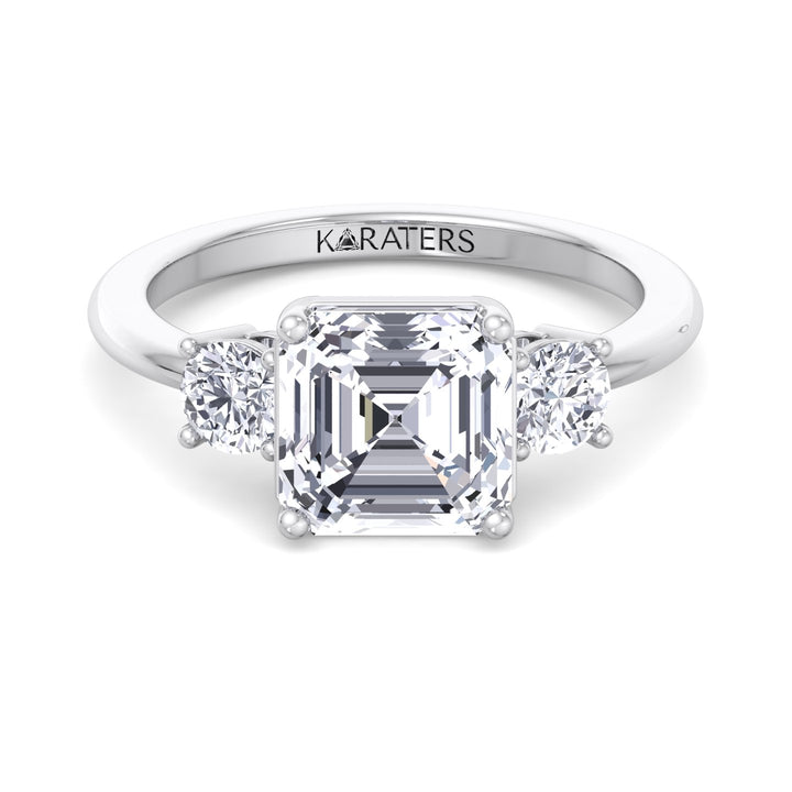Asscher Cut Solitaire Lab Grown Diamond Engagement Ring with Round SideStones