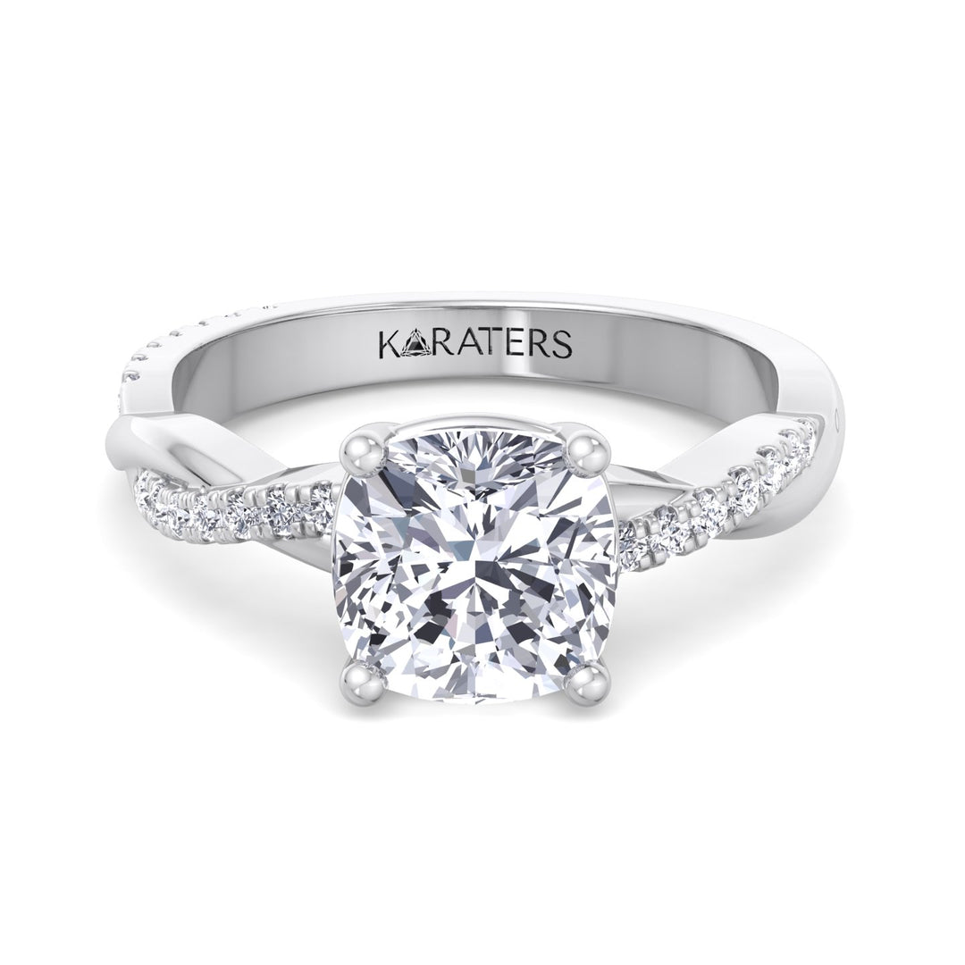 Cushion Cut Lab Grown Diamond Engagement Ring With Twist Band & SideStones