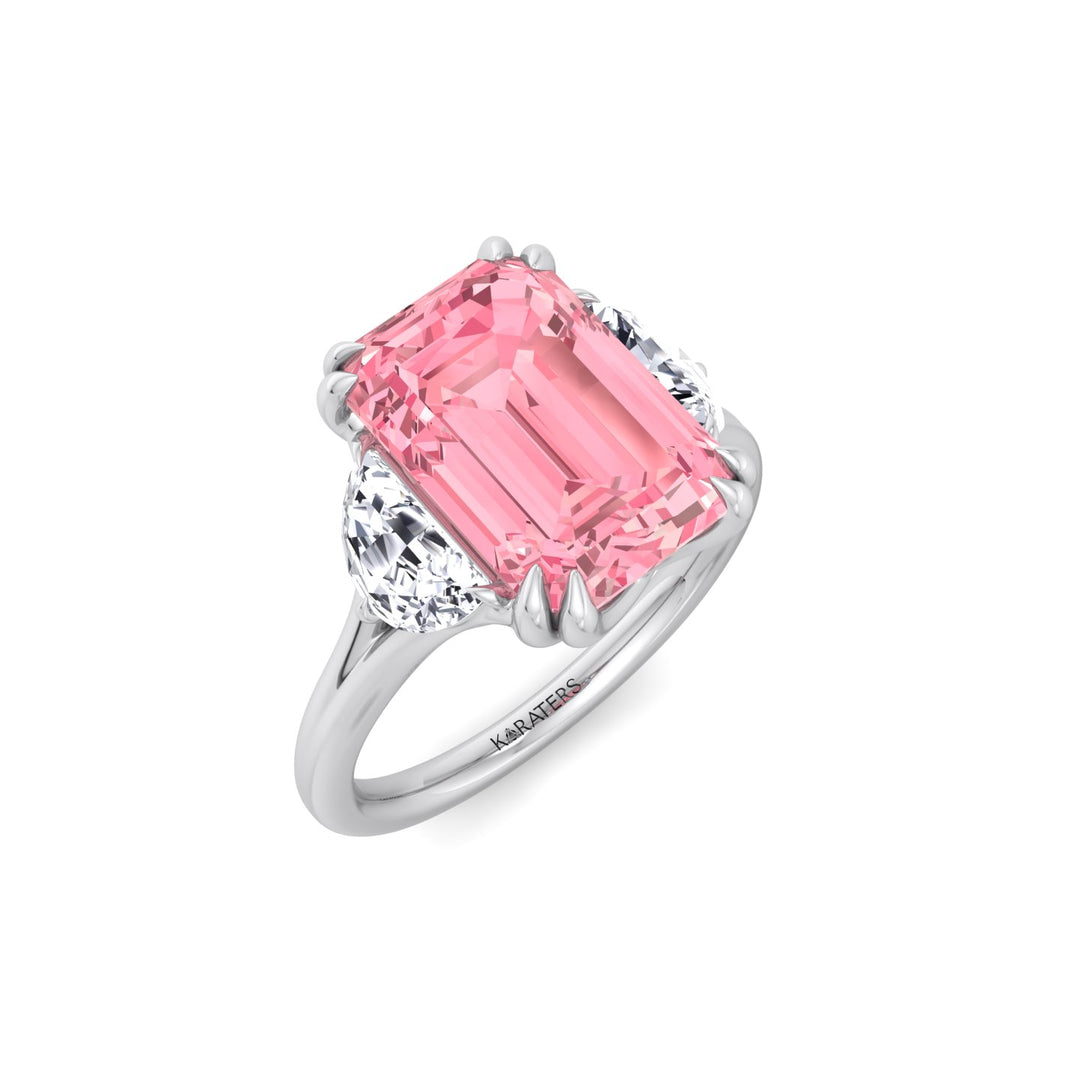 Fancy Pink Emerald Shape Lab Grown Diamond Engagement Ring with Half Moon Sidestones White Gold 18K