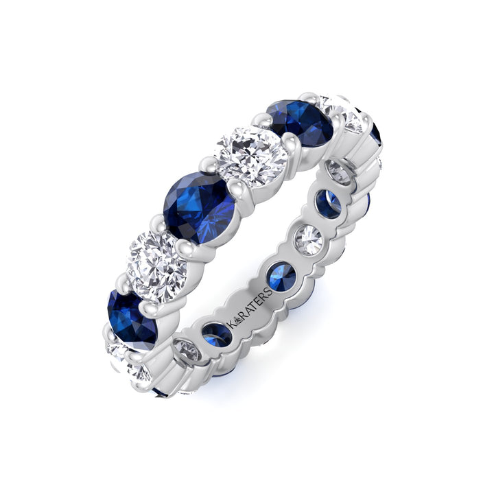 Alternating Round Shape Lab Grown Blue Sapphire and Diamonds Eternity Band White Gold 18K