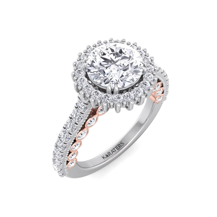 Round Cut Lab Grown Diamond Engagement Ring with Round Cut Halo and Milligrain in Two-Toned Band