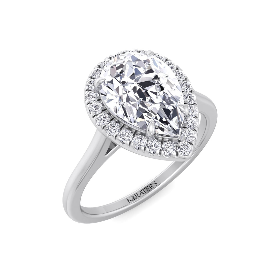 Halo Pear Shape Lab Grown Diamond Engagement Ring With Plain Band