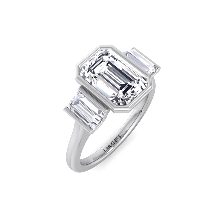 Three Stone Emerald Shape Lab Grow Diamond Engagement Ring White Gold 18K
