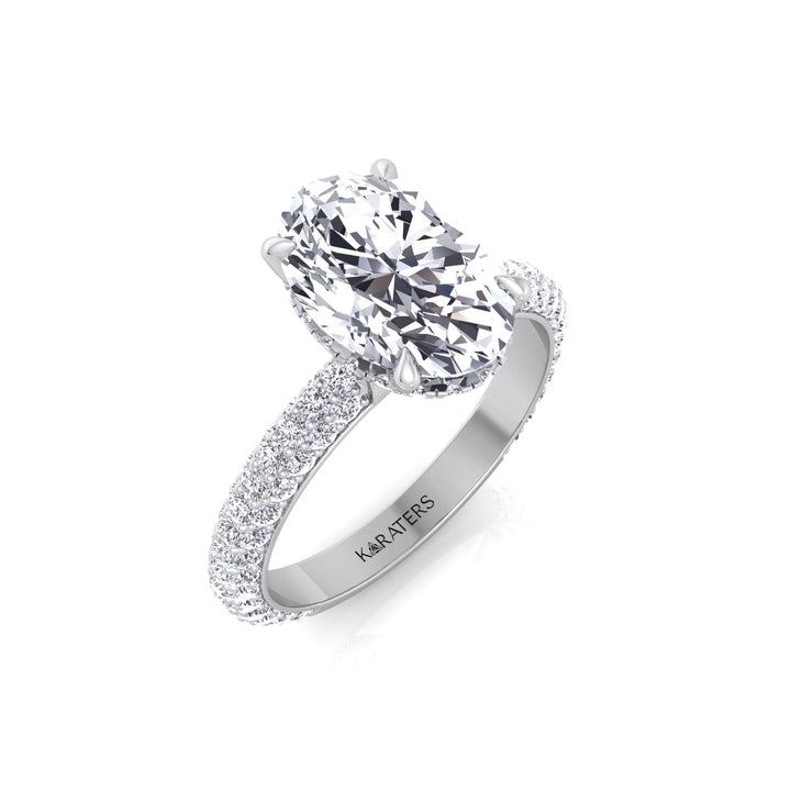 Oval Shape Lab-Grown Diamond Invisible Halo Engagement Ring with Three Row Pave Band White Gold  18K