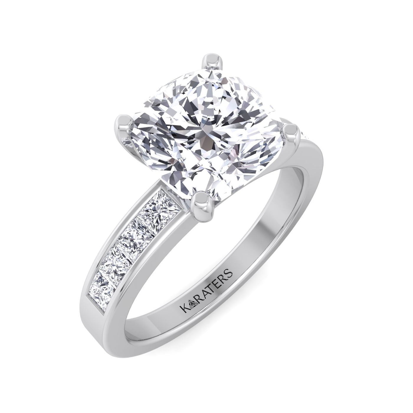 Koralle - Cushion Cut Lab Grown Diamond Engagement Ring With Princess Cut SideStones