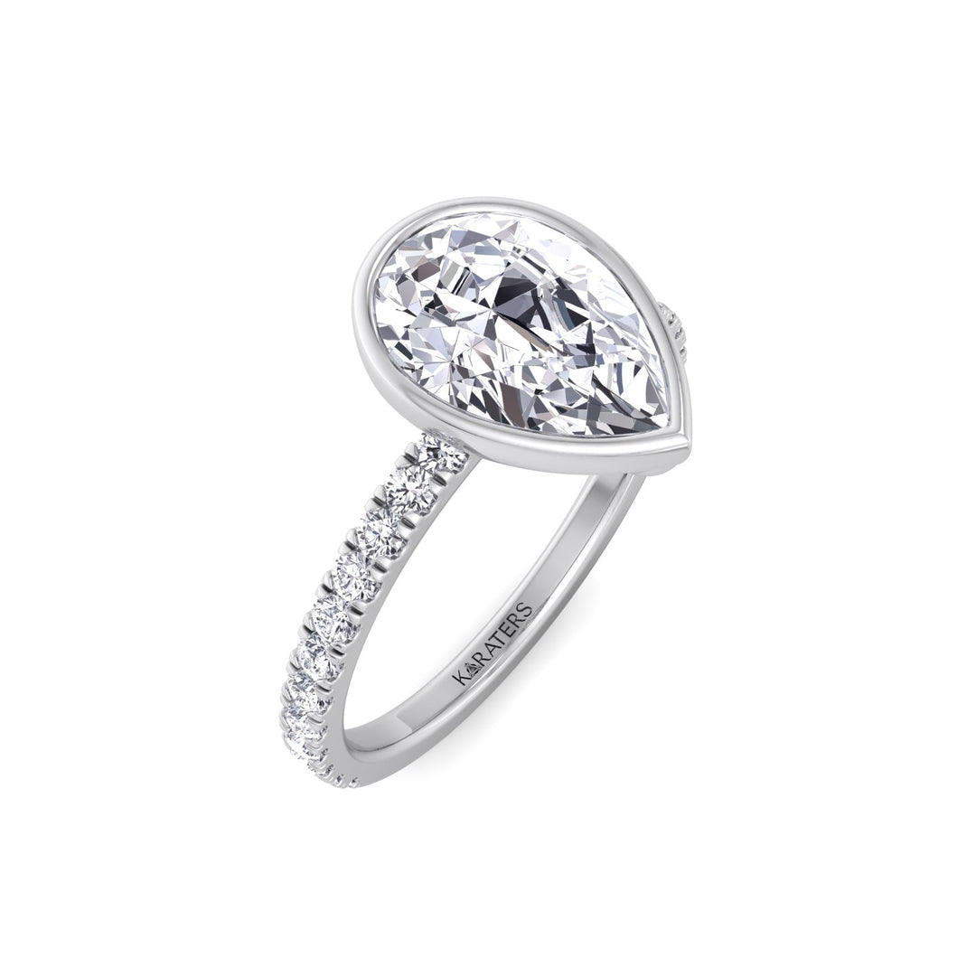 Bezel Set Pear Shape Lab Grown Diamond Engagement Ring With Pave Band White Gold 14K