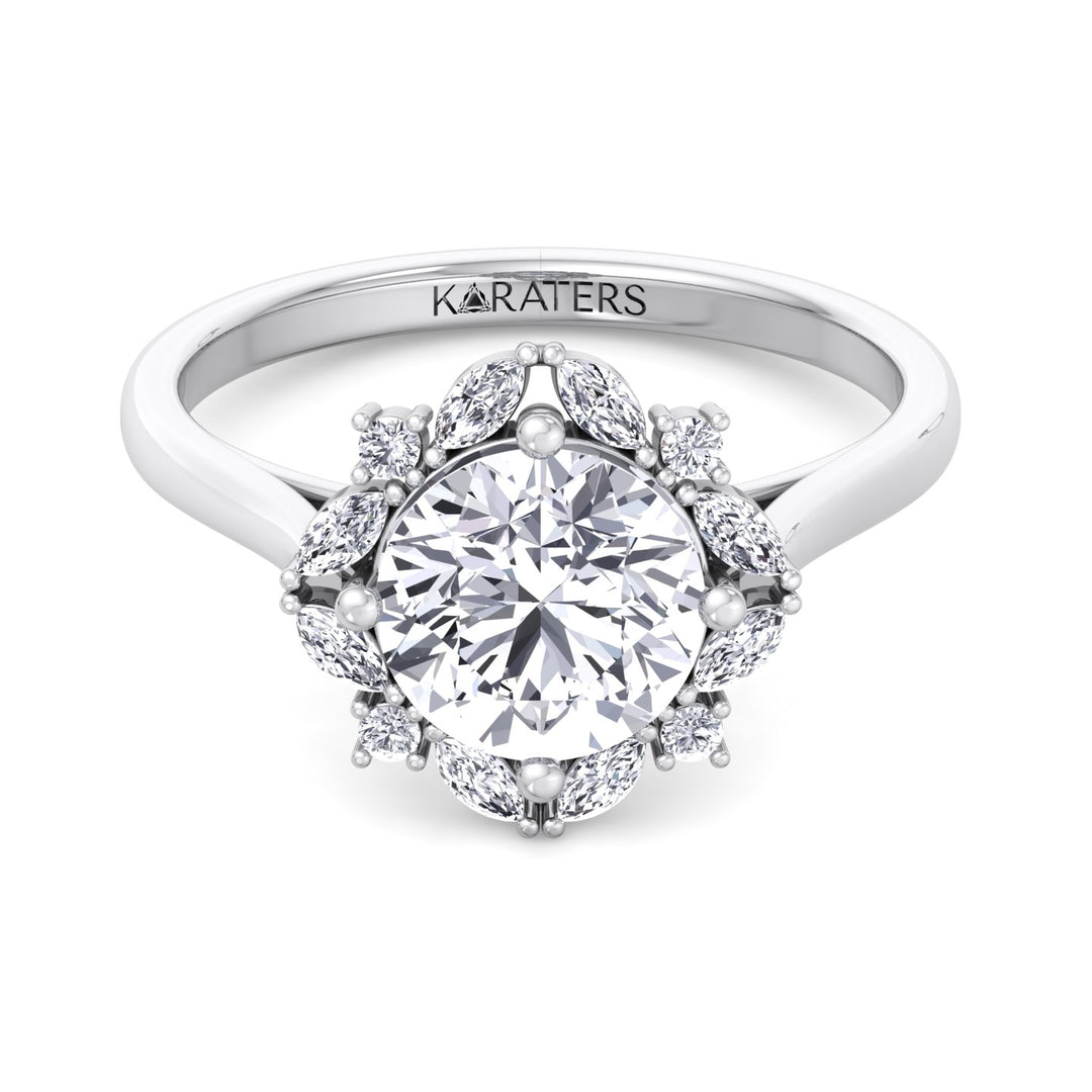 Round and Marquise Cut Solitaire Cluster Lab Grown Diamond Engagement Ring