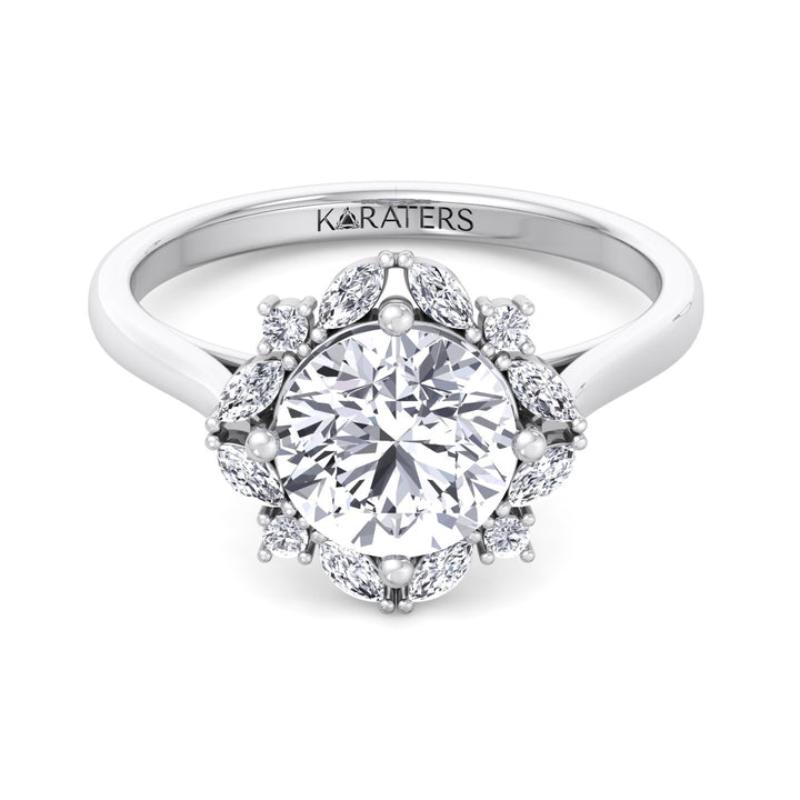 Round and Marquise Cut Solitaire Cluster Lab Grown Diamond Engagement Ring