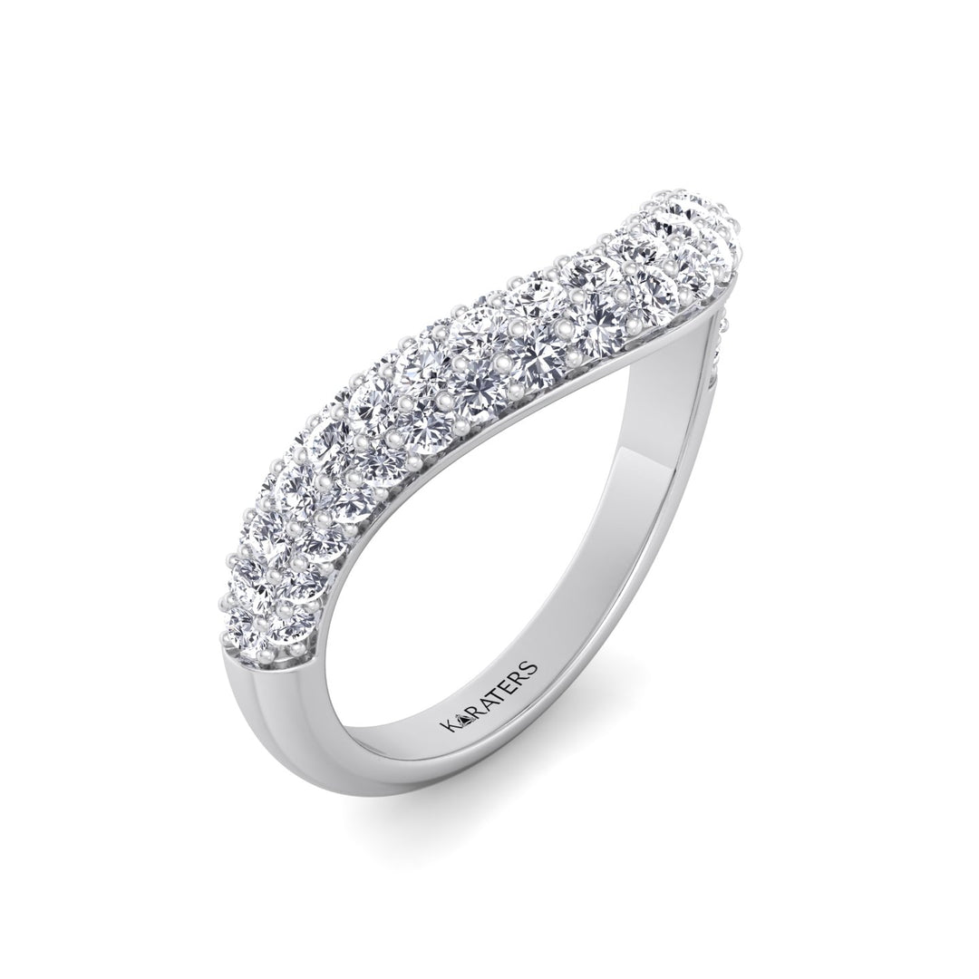 3 Row Pave Curved Lab Grown Diamond Wedding Band White Gold 18K