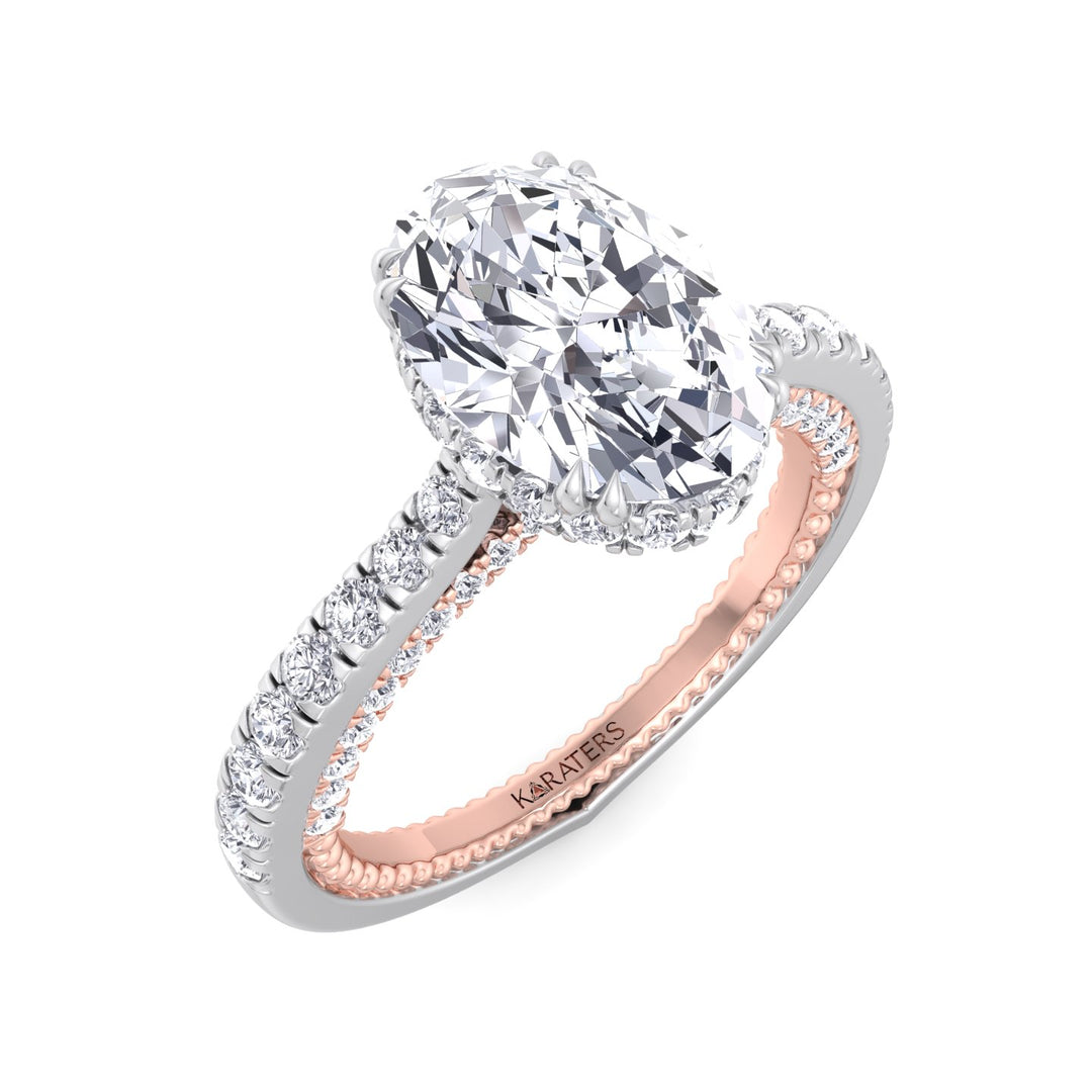 Oval Cut Lab Grown Diamond Engagement Ring With Milligrain with Two-Tone Pave Band