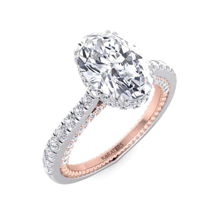 Oval Cut Lab Grown Diamond Engagement Ring With Milligrain with Two-Tone Pave Band