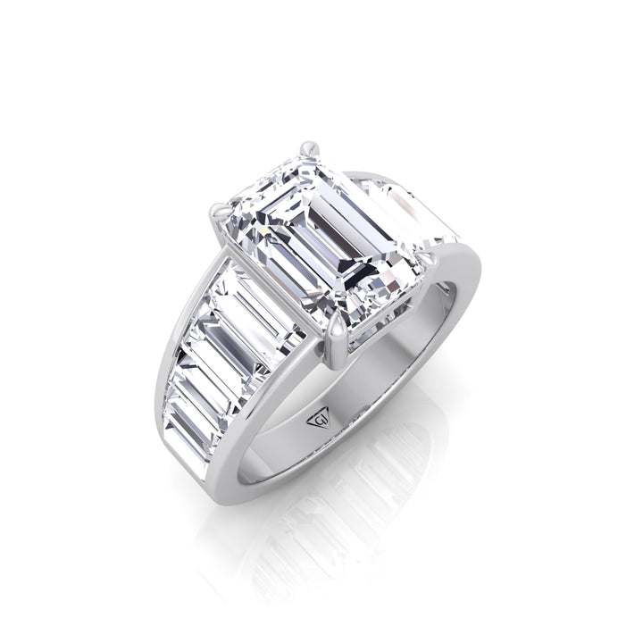 Emerald Shape Lab Grown Diamond Engagement Ring with Graduated Tapered Emerald Sidetones White Gold  18K
