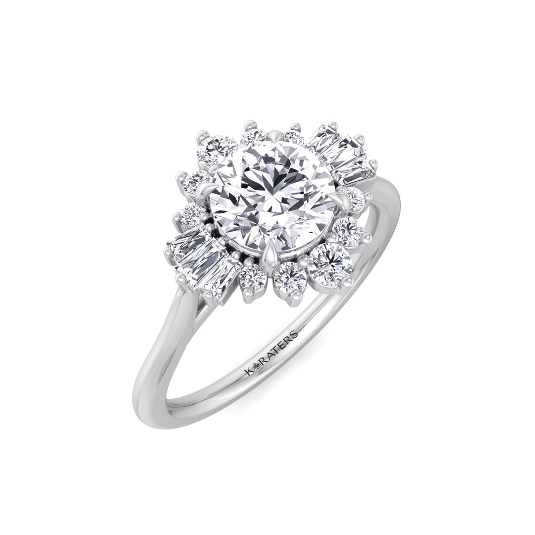 Round Cut Lab Grown Diamond Engagement Ring with Round and Tapered Baguette Clusters